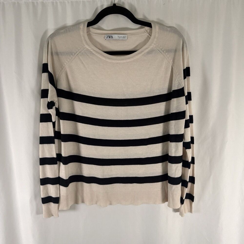 Zara Lightweight Sweater Women's Large Ivory Black Striped Crew Neck Long Sleeve